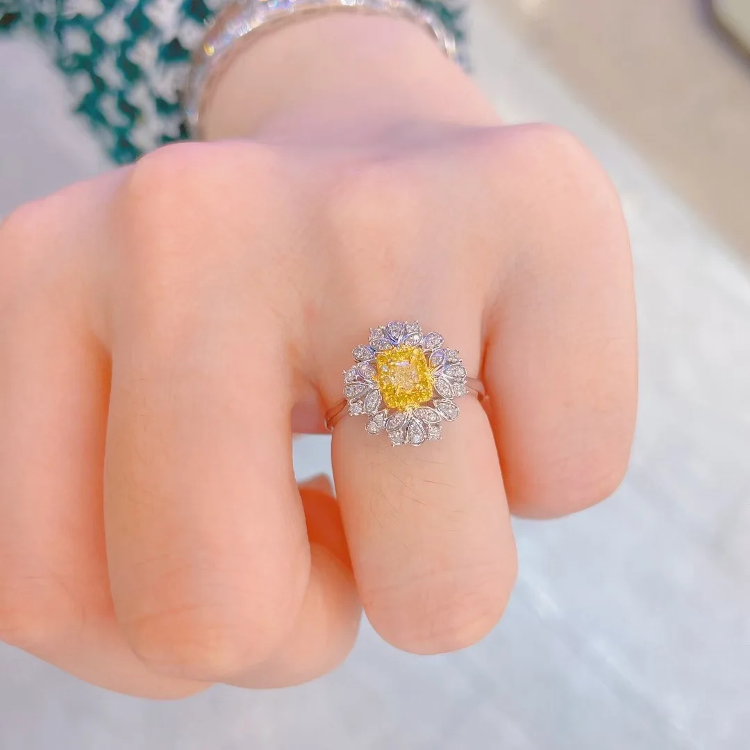 Citrinas Rašė Sun Flower Šviesus Visą Deimantų Sidabro Paprasta Atidaryti Dizaino Žiedas Mados Prabangus Elegantiškas Gėlių Pilna Deimantų AnniversaryGift