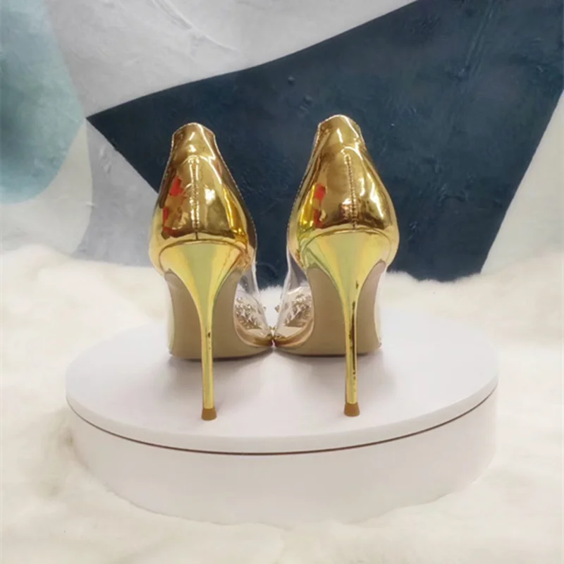Nemokamas pristatymas mados moterų siurbliai aukso lakinės odos pvc aišku, dygliuotos šuoliai point kojų stiletto kulniukai moterų aukštakulniai