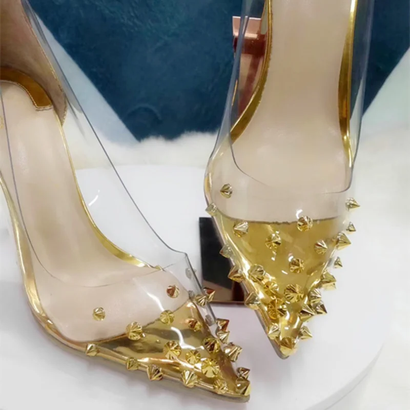 Nemokamas pristatymas mados moterų siurbliai aukso lakinės odos pvc aišku, dygliuotos šuoliai point kojų stiletto kulniukai moterų aukštakulniai