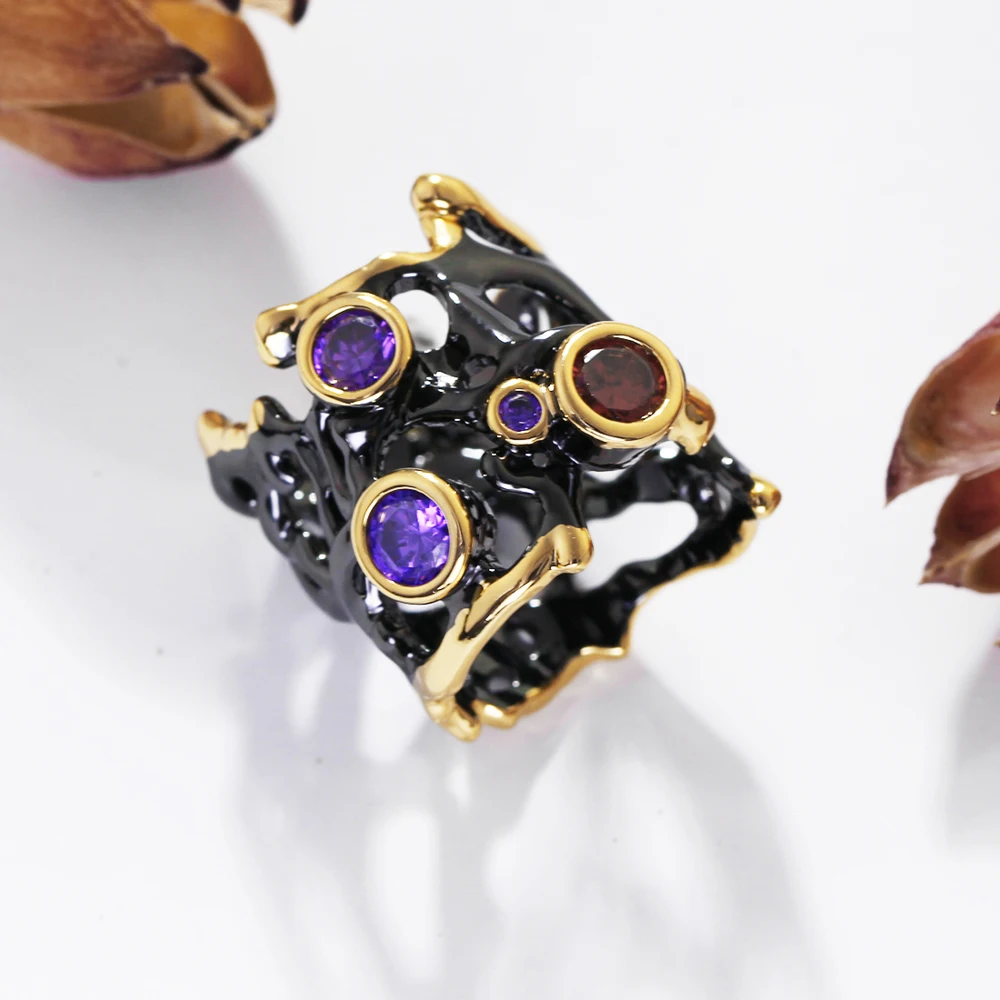 Klasikinis unikalaus dizaino Papuošalai Moterims, Juodos spalvos žiedas nutiesti AAA Raudonas ir Violetinis kubinių cirkonio kristalų Kokteilis žiedai pareiškimas