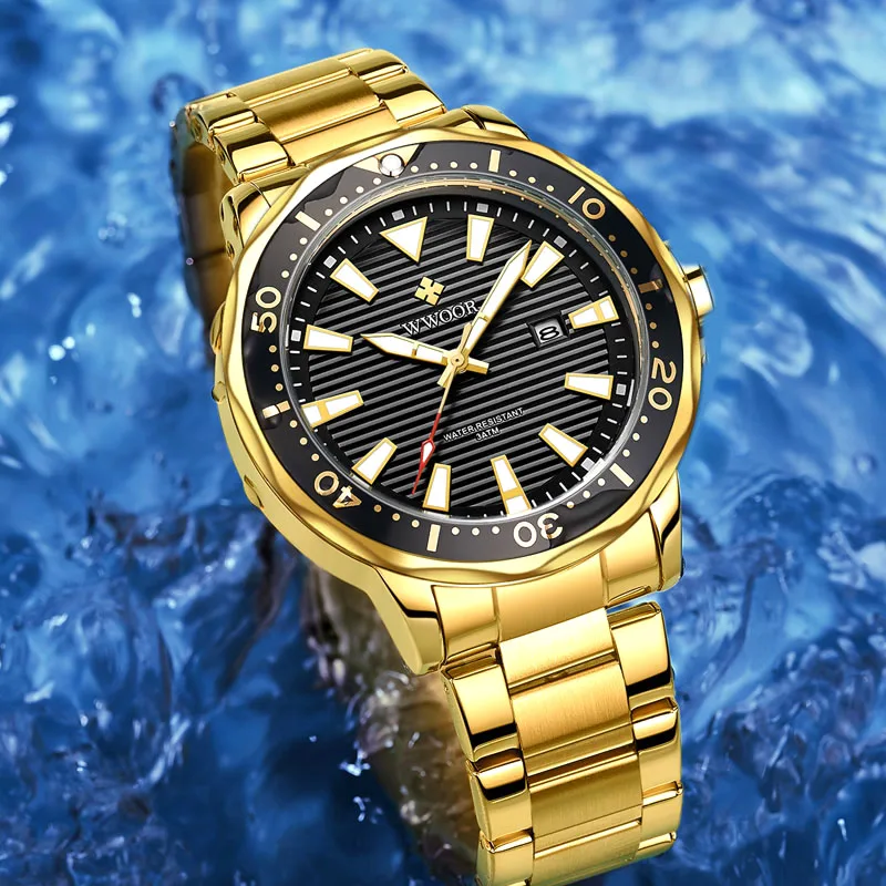 Naujų Laikrodžių Vyrams WWOOR Prekės Luxury Gold Black Vyrų Laikrodžiai Vandeniui Sporto Data Vyrų Kvarcinis Laikrodis Laikrodis Relogio Masculino