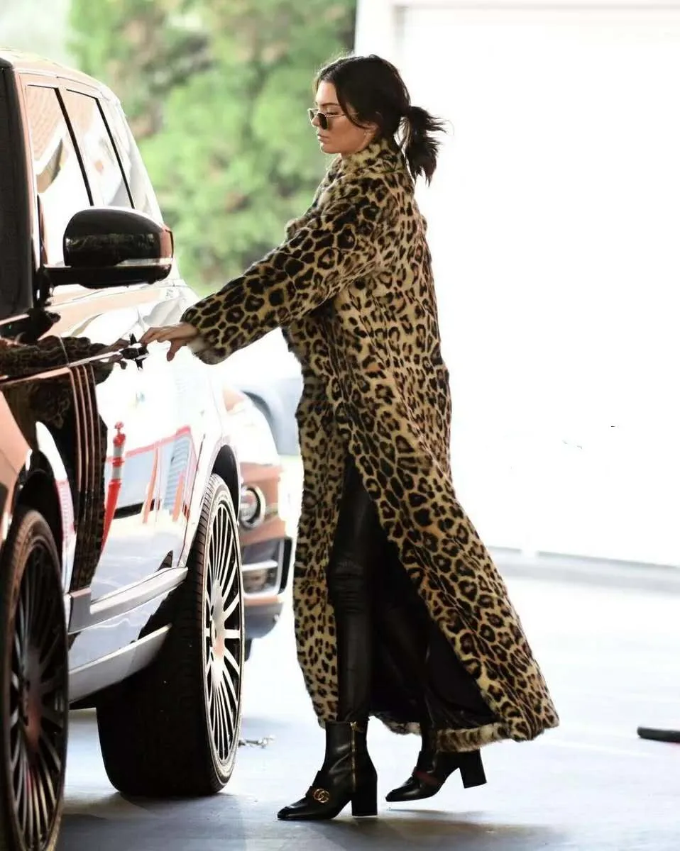 Moterų rudenį ir žiemą karšto Amerikos INS su toje pačioje gatvėje kostiumas apykaklės derliaus leopardas spausdinti stabdžių kailio ilgio tranšėjos paltai