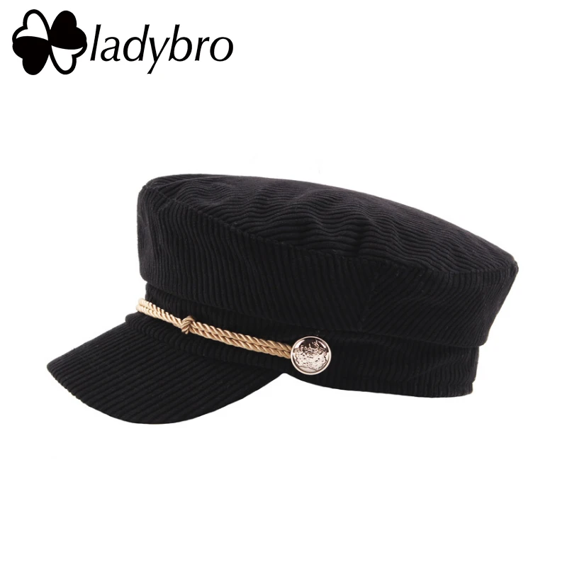 Ladybro Velvetas Karinės Skrybėlę, Moteris Rudens-Žiemos Skrybėlę Cap Moteriška Juoda Casquette Kaulų Lady Militaire Gorra Mygtuką Flat Top Hat
