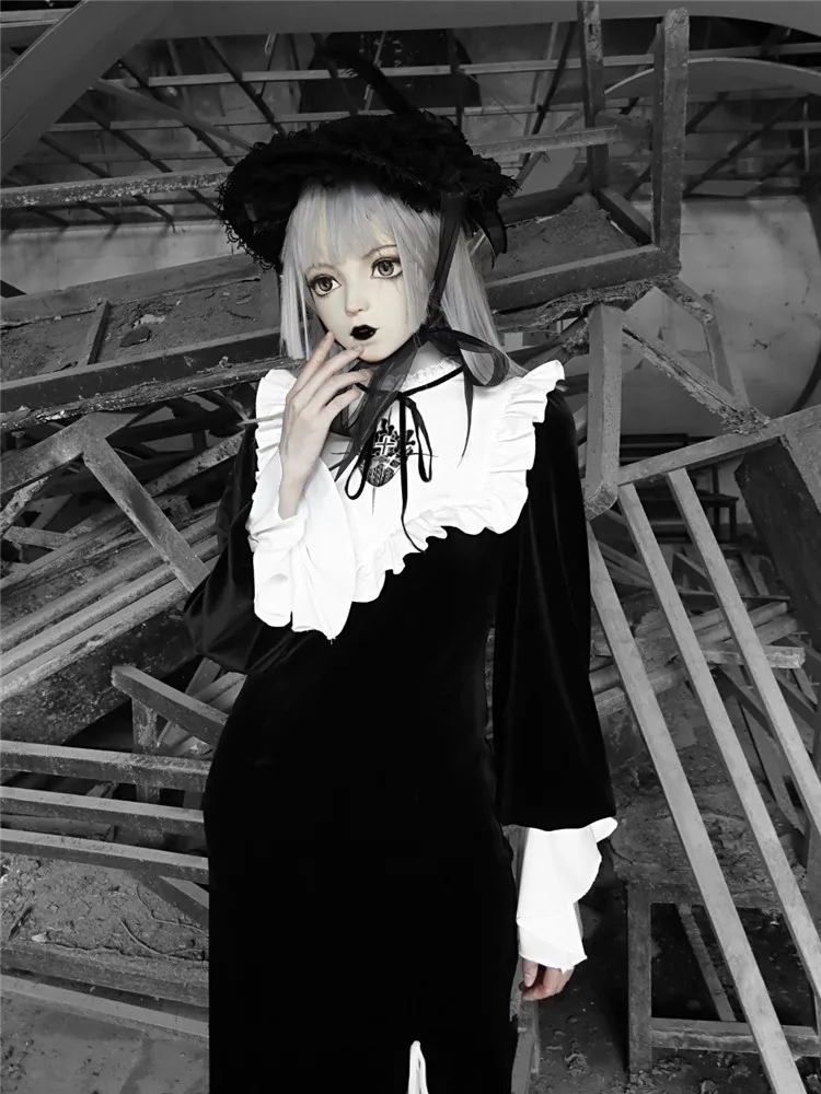 Naujas Gotikos Tamsiai Siuvinėjimo Moterų Aksomo Slim Lolita Dress Punk Loli Roko Mergaičių Anime Black Cosplay Moterų Padalinta Sexy Ilga Suknelė