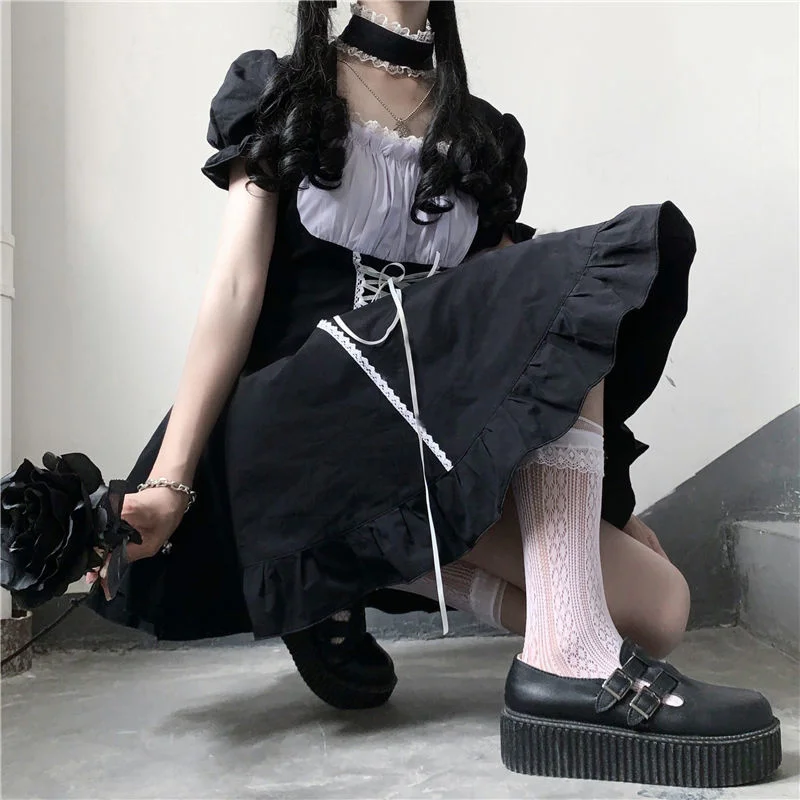 Japonijos Minkštas Sesuo Cute Lolita Dress Moterų Viktorijos Gotika Sluoksniuotos Rankovėmis Slim Suknelė Šalis Retro Tamsiai Mergaites Tvarstis Tarnaitė Suknelės