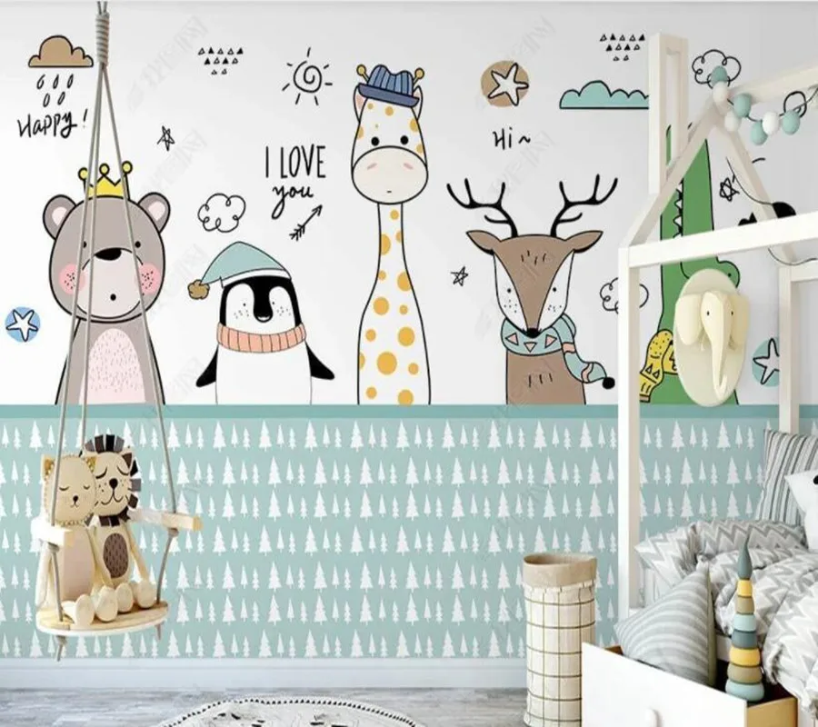 Papel de parede Šiaurės ranka-dažytos animacinių filmų smulkių gyvūnų apsaugos departamentas vaiko kambario 3D tapetai, freskos,svetainė, namų dekoro