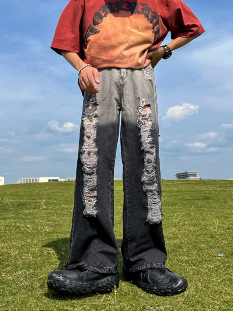 Kankina Baggy Jeans vyriški Y2K Mados Nelaimę Skylių Gradientas Rudos Kelnės Atsitiktinis Derliaus Tiesūs Palaidi Tinka Vaikinu Kelnės