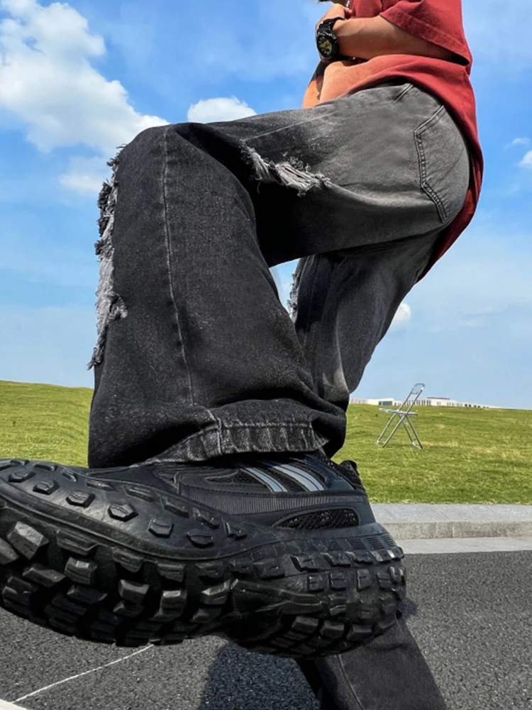 Kankina Baggy Jeans vyriški Y2K Mados Nelaimę Skylių Gradientas Rudos Kelnės Atsitiktinis Derliaus Tiesūs Palaidi Tinka Vaikinu Kelnės