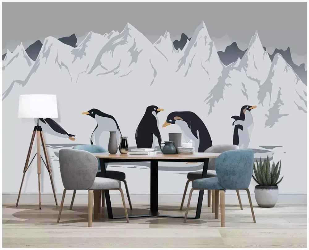 WDBH Pasirinktinius nuotraukų 3d tapetai Pingvinas sniego kalnų ranka pieštas animacinis fone sienos 3d sienos freskos tapetai, sienų ir 3 d