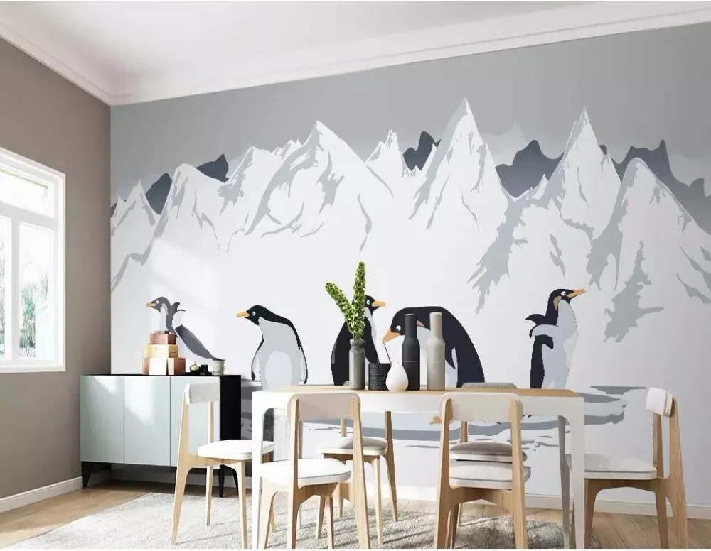 WDBH Pasirinktinius nuotraukų 3d tapetai Pingvinas sniego kalnų ranka pieštas animacinis fone sienos 3d sienos freskos tapetai, sienų ir 3 d