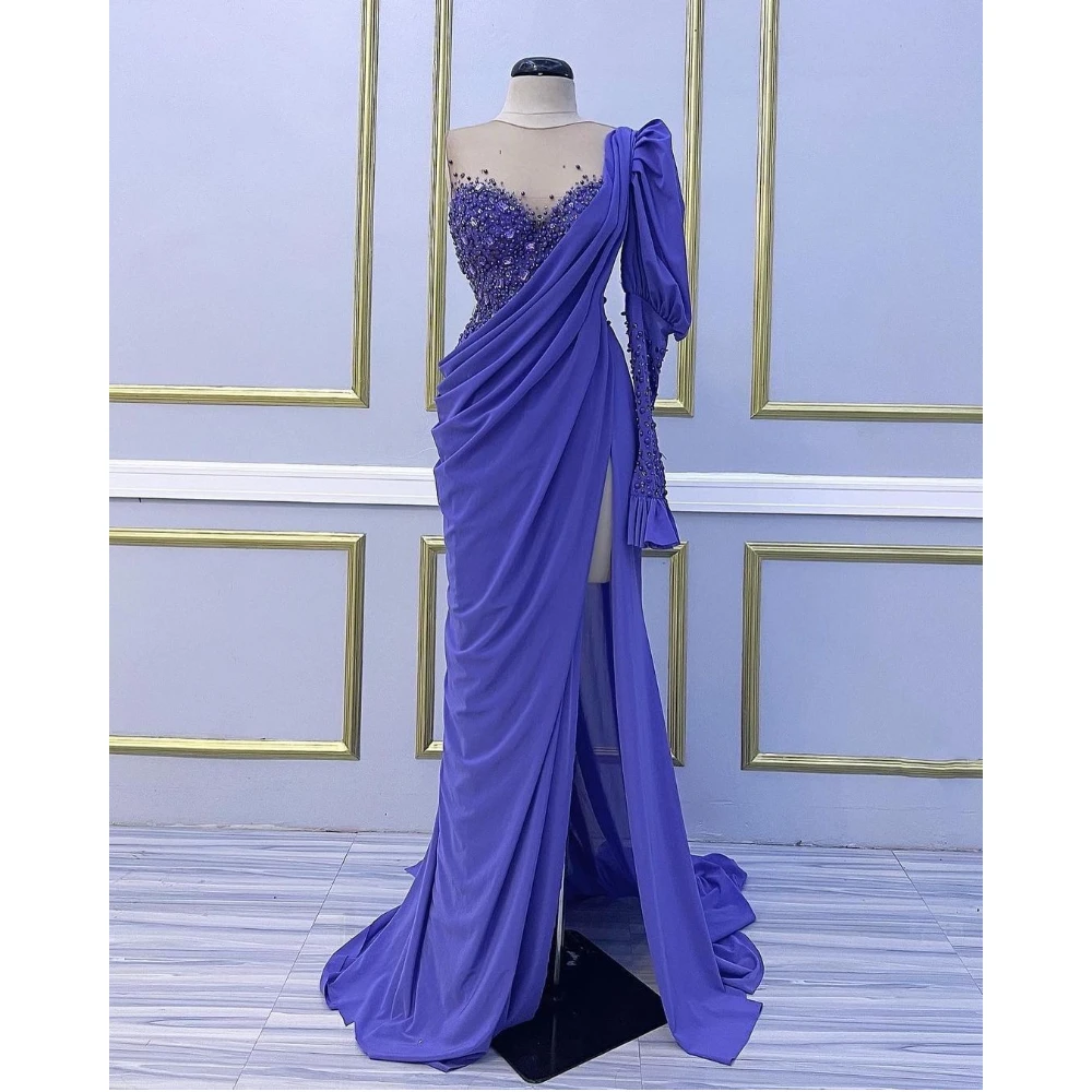 Elegantiška Mėlynos Spalvos Šifono Vakaro Suknelės Kristalai Vieną Petį Ilgomis Rankovėmis Prom Chalatai Seksualus Aukštos Padalinta Oficialią Šalies Vestuvių Suknelės