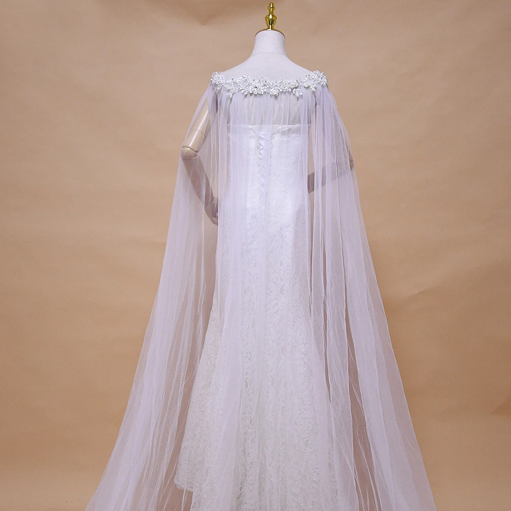G26 Moterų Ilgai, skraistės (Pelerinos), Vestuvių Pearl Embellishment Šifono Balta Nuotakos Skaros Apsiaustas Oficialūs Šalies bolero mergaitėms