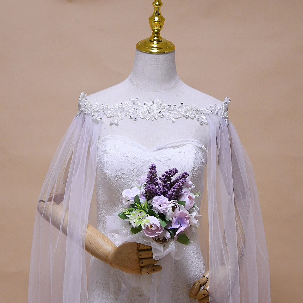 G26 Moterų Ilgai, skraistės (Pelerinos), Vestuvių Pearl Embellishment Šifono Balta Nuotakos Skaros Apsiaustas Oficialūs Šalies bolero mergaitėms