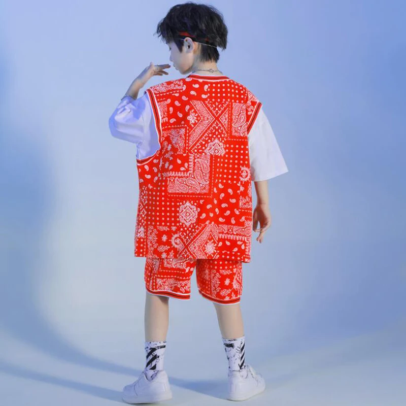 Vaikai Kpop Komplektus Hip-Hop Drabužių Harajuku Raudona Spausdinti Negabaritinių Marškinėliai Šortai Viršuje Girl Berniukas Džiazo Šokio Kostiumų Etape Drabužiai
