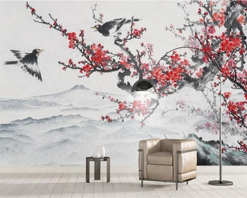 Beibehang Užsakymą tapetai freskomis Kinijos gėlių ir paukščių rašalo rankomis dažyti slyvų kraštovaizdžio TV fono sienos freskos 3d tapetai
