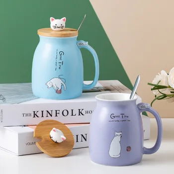 Japonijos šviežių animaciją kačių puodelis namų puikus keramikos puodelis su šaukšteliu dangčio office mėgėjams puodelio kavos puodelį, puodeliai, kavos puodeliai, puodelis katė