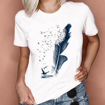 Moterų Grafinis Plunksnų Spausdinimo Mados 90s Mielas Akvarelė Trumpas Rankovės Lady Drabužius Viršūnes Tees Spausdinti Moterų Marškinėlius (T-Shirt