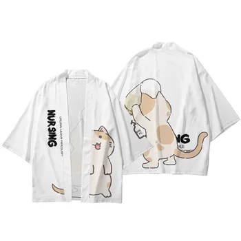 Mielas Animacinių Filmų Katės Spausdinti Baltos Spalvos Tradicinio Kimono Cosplay Cardigan Japonijos Haori Yukata Streetwear Moterų, Vyrų Marškinėliai