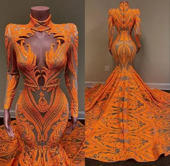 2020 Orange Undinė Keltas Suknelės Ilgomis Rankovėmis Giliai V Kaklo Seksualus Blizgučiais Juodosios Afrikos Mergaičių Slidinėti Vakare Dėvėti Suknelė