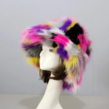 Žiemą Moterims Išlaikyti Šiltas Vaivorykštė Dirbtiniais Fox Fur Baseino Bžūp Moterų Mados Atsitiktinis Šalies Kibiro kepurę Muzikos Festivalis Sutirštės Skrybėlę