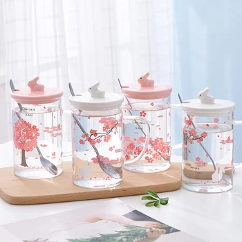 Kavos, pieno puodelis su dangteliu, cherry blossom modelis karščiui atsparaus stiklo, tinka biurui, gėlių, arbatos ir šaukštas