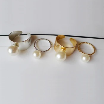 Baltas Išpuoselėtas Imituojamas Pearl plonas ir platus Karka Žiedas Reguliuojamas Sidabro Padengtą Aukso Midi Žiedai Moterų Mados Juvelyrika