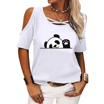 Moterų Mados Panda Print Tee Marškinėliai Vasaros Apvalios Apykaklės Trumpomis Rankovėmis Megztinis Viršuje Prarasti Palaidinės Ponios Atsitiktinis Marškinėliai