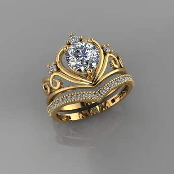 Nauja Madinga 2 Vnt Nustato Aukso Karalienės Karūnos Širdies Žiedai Moterims Balta CZ Akmens Apdaila bižuterijos Kilnus Vestuves Dovanų Žiedą