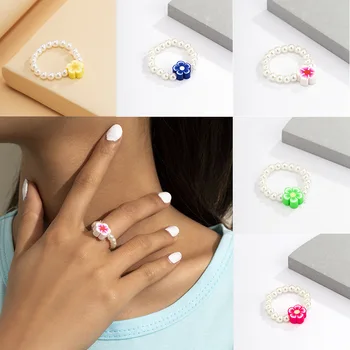 2021 mados mielas spalvų akrilo imitacija, perlų zawalcowany žiedas moterų spalva bohemian gėlė, žiedas reguliuojamas rankų darbo papuošalai