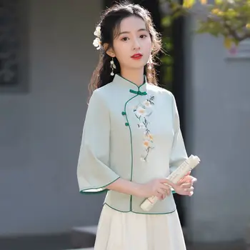 2022 tangsuit kinų stiliaus marškinėliai tradicinės kinų apranga moterims gėlių spausdinti derliaus šalis hanfu palaidinė lady qipao marškinėliai