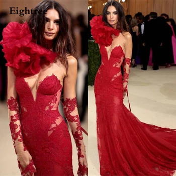 Raudonos Nėrinių Gėlių Appliques Vakaro Suknelės Rankovių Undinė arabų Dubajus Oficialų Suknelė Oficialų Naktį Chalatai Suknelė Vestidos de festa