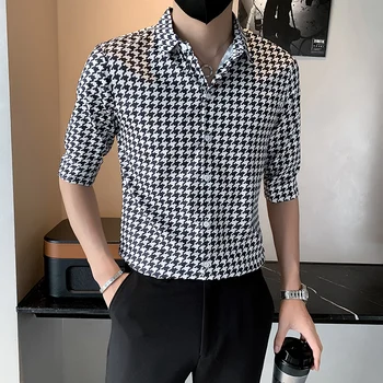 Korėjos Houndstooth vyriški Marškinėliai Vyrams 2022 Vasaros Pusė Rankovės Atsitiktinis Marškinėliai Slim Streetwear Socialinės Šalies Vyrų Drabužiai Chemise Homme