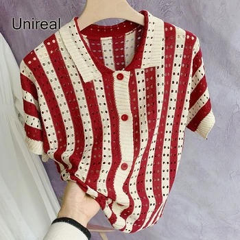 Unireal 2022 m. Vasarą Moterys Dryžuotas marškinėliai Tuščiaviduriai Iš Viršaus Tees Megzti Marškinėliai Moteriška Raudona Seksualus Marškinėlius