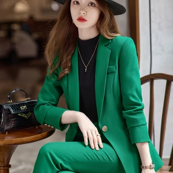 Korėjos Oficialių Ponios Chaki Žalia Moterų Verslo Kostiumai, Nustato Darbo Drabužiai Office Vienodos, 2-piece Didelio Dydžio Kelnės Striukė Rinkinys