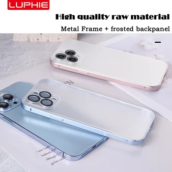 Prabangus Metalinis Telefono dėklas Skirtas iPhone 12 13Pro Max Aliuminio Prabanga Metalo Rėmas Visiškai Objektyvo Žiedas Matinio Stiklo Matinis pusiau Permatomas Dangtis