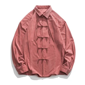 2022 m. Rudenį Kinų Stiliaus Rožinės spalvos Marškinėliai Vyrams Kietojo Disko Tang Buckle Tiktų Vyrų Prarasti ilgomis Rankovėmis Derliaus Velvetas Marškinėliai
