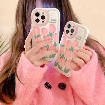 Pink Tulip Rankšluosčių, Siuvinėjimas Atveju iPhone 14 13 12 11 Plus Pro Max Puikus Atgal Minkšto Audinio Apsauga, Šiltas Dangtelis Korėja INS
