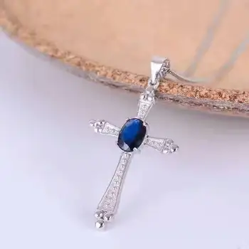 natūralus mėlynas safyras Elegantiška asmenybė kryžiaus Pakabukas natūralus akmuo pakabukas 925 sterlingas sidabro Moterų brangakmeniai juvelyriniai dirbiniai