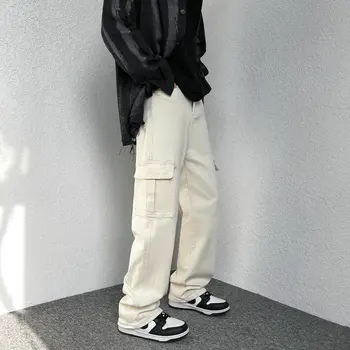 Pavasarį Nauji vyriški Džinsai Hip-Hop Negabaritinių Tiesiai Krovinių Jean Kelnės Vyrams korėjos Džinsai Streetwear Didelis Kišenės Moteris Džinsinio audinio Kelnės 2XL