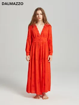 DALMAZZO High-End Užsakymą Raudona V-Kaklo Spausdinti Siuvinėjimas Suknelė Aukštos Kokybės Čekų Žmonių Meksikos Moterų Suknelė