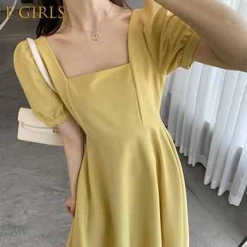 Suknelė Moterims Geltonas Kvadratas Apykaklės iki 2021 m. Vasarą Naujasis prancūzijos Stiliaus Temperamentas Aukšto Juosmens Trumpas Rankovės-line Vestidos Mujer Atsitiktinis