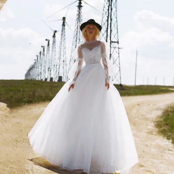 Baltas Tiulis Vestuvinės Suknelės Moterims Aukšto Kaklo Ilgio Sluoksniuotos Rankovėmis Vestuvių Suknelės, Perlų-Line Princesė Vestidos De Novia 2023