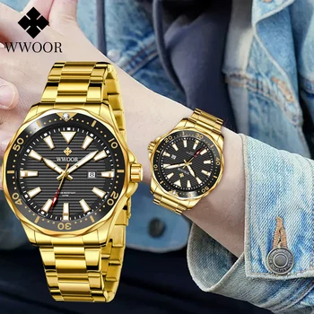 Naujų Laikrodžių Vyrams WWOOR Prekės Luxury Gold Black Vyrų Laikrodžiai Vandeniui Sporto Data Vyrų Kvarcinis Laikrodis Laikrodis Relogio Masculino