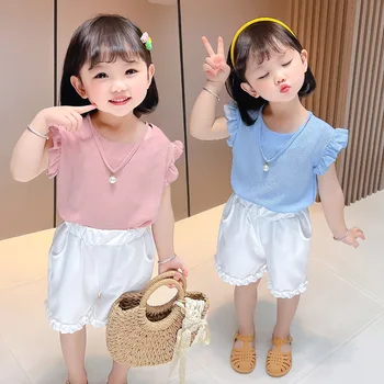 2022 naujas mergaičių vasaros kostiumas vaikų vidutinių ir mažų vaikų egzotinių trumpas rankovėmis sijonas, dviejų dalių komplektas，80-130cm