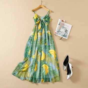 Europos ir Amerikos moterų drabužiai pavasarį naują Condole diržu, Rankovių lankas v-kaklo bananų augalų spausdinti Fashione plisuotos suknelė