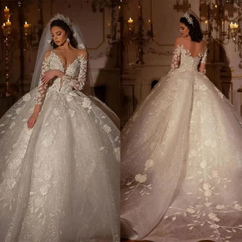 Princesė Kamuolys Suknelė Vestuvių Suknelė Iliuzija V Kaklo Kristalų ilgomis Rankovėmis Saudo arabų 3D Gėlių Appliques Vestuvinės Suknelės