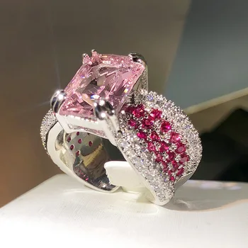 925 sidabro aukštos raiškos rožinis deimanto žiedas moters asmenybės atidarymo rausvos spalvos, keturių-letena brangakmenio žiedas moteriška šalis gimtadienio dovana