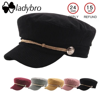 Ladybro Velvetas Karinės Skrybėlę, Moteris Rudens-Žiemos Skrybėlę Cap Moteriška Juoda Casquette Kaulų Lady Militaire Gorra Mygtuką Flat Top Hat