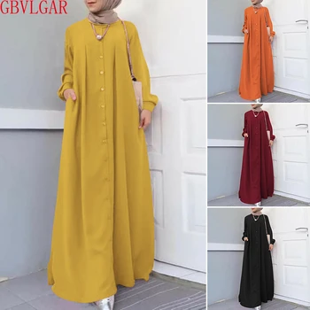 Derliaus Hijab Musulmonų Suknelė Atsitiktinis Islamo Drabužių Caftan Dress Rudenį Maxi Ilga Suknelė Moterims Ilgomis Rankovėmis Mygtukai Sundress 2021