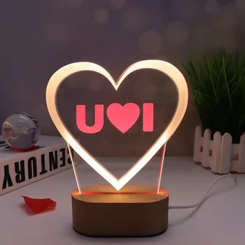 USB Maitinimo Romantiška 3D Akrilo LED Naktį, Šviesos, 2 Spalvų Šviesos Stalo Lempa Valentino Diena Atostogų Dovanų Medienos Bazės